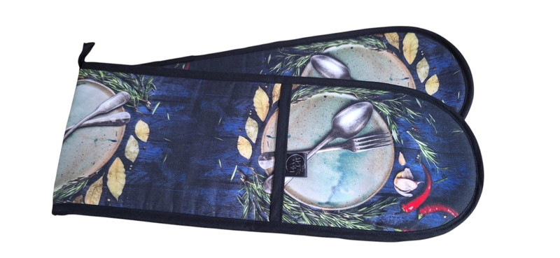 Life's a Gift Heat-Resistant Oven Glove/Mitt - Cutlery, Chillies, Garlic &amp; Herbs on Blue