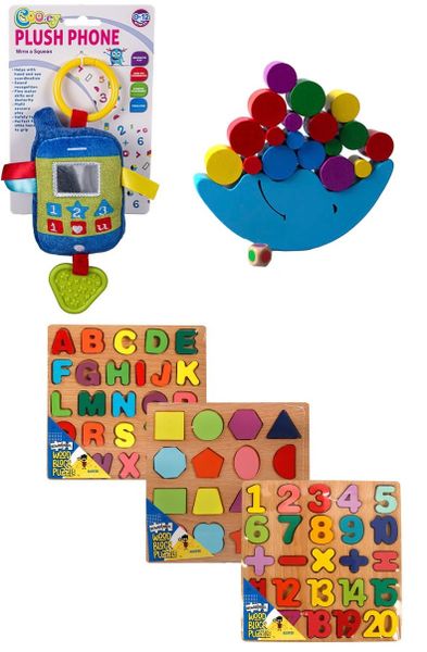 Rattle Phone, Wood Balance Beam 20x15.5x4cm &amp; Wood Block Puzzles 20x20cm