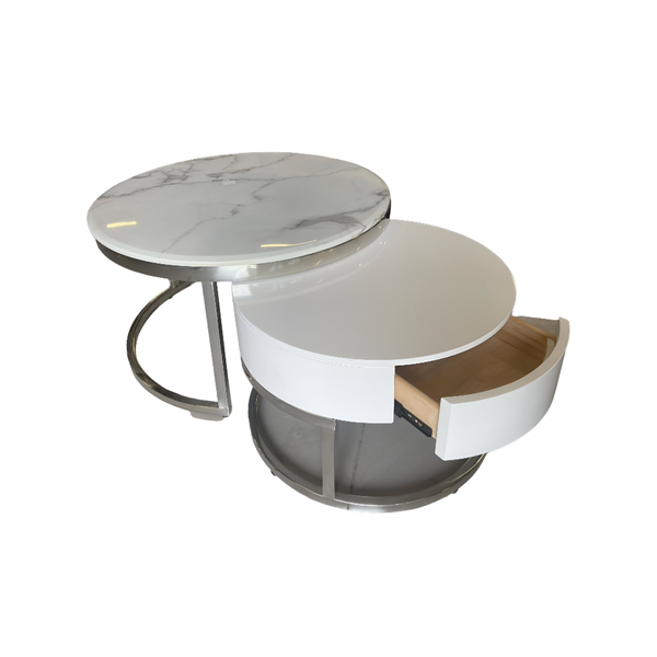 Modern Nesting Round Marble-Top And Wooden Top Coffee Table With Drawer