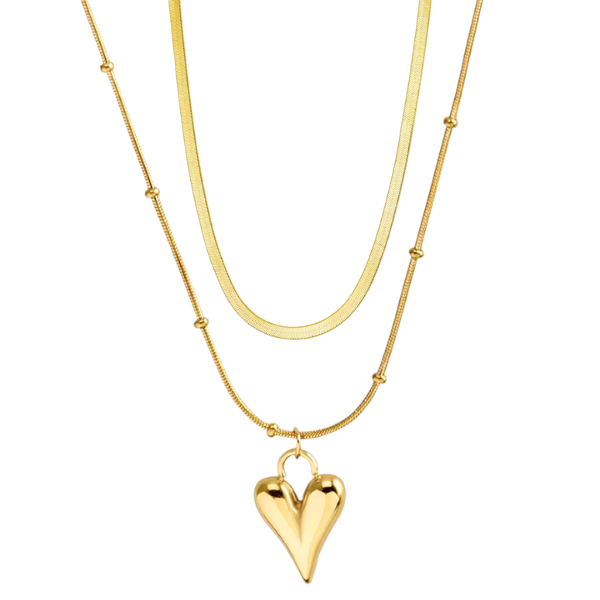 Herringbone &amp; Heart Necklace Combo - Layered Gold Chain Set for Women