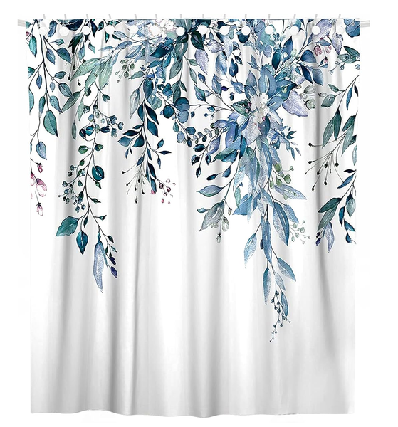 Blue and White Shower Curtain,Watercolor Eucalyptus with Floral 180x180cm