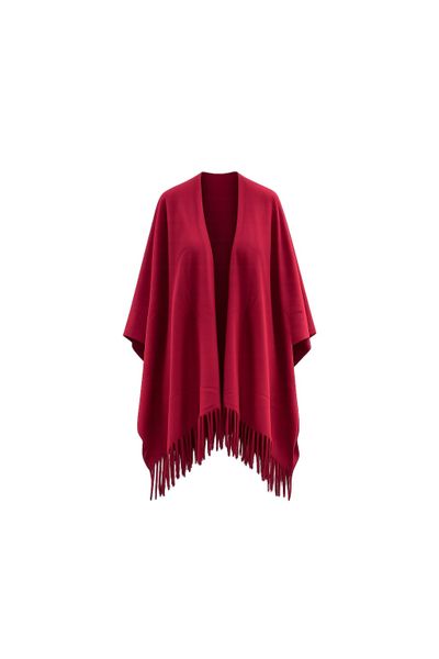 Burgundy Winter Poncho Scarf Shawl with Tassel Fringe