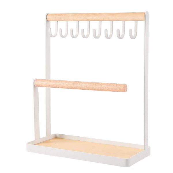 Creative 3-Tier 8 Hooks Necklace Hanging Wooden Ring Organizer Earring Tray