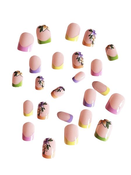 24 piece Short Square Colourful Flower French Press-On Nails