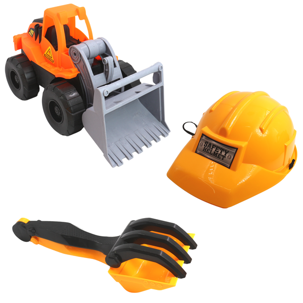 Excavator &amp; Dump Truck Toy with Shovel, Rake and Construction Helmet