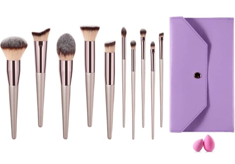 12Piece Champagne Wood Handle Makeup Brush Set Foundation Sponges