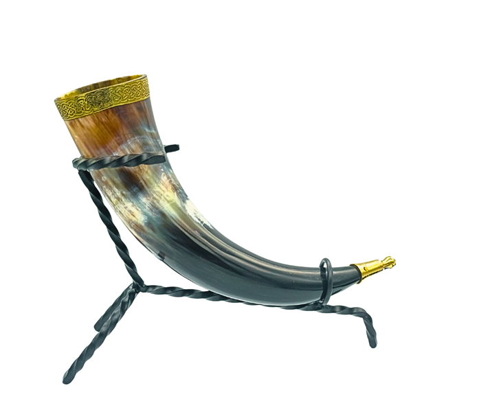 Brass-Banded Buffalo Drinking Horn with Stand