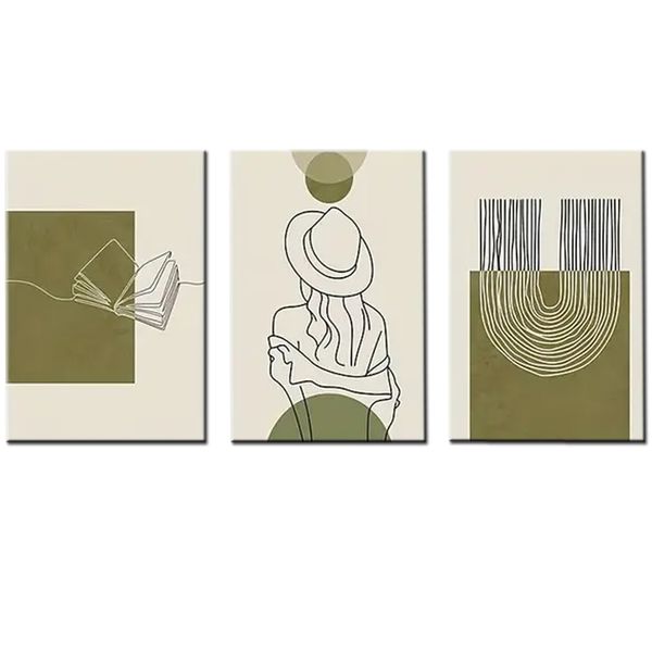 Canvas-Art-3 Pieces Green Boho Geometric Lines Abstract Wall Art
