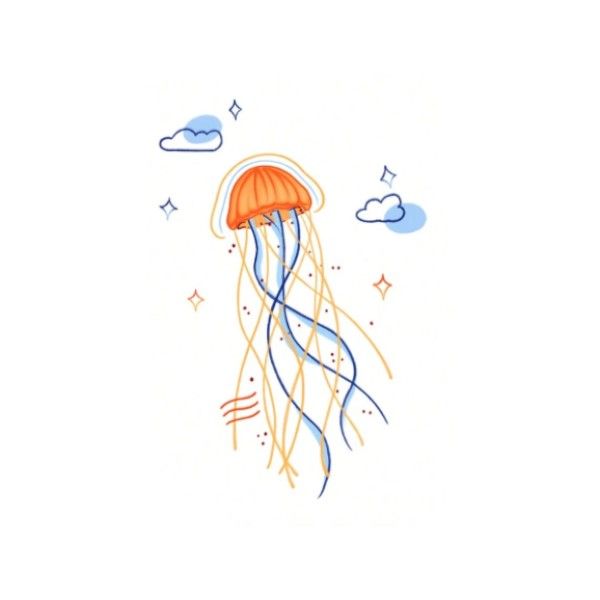 Playful Cloud &amp; Jellyfish Temporary Tattoo With Star Accents -Orange &amp; Blue