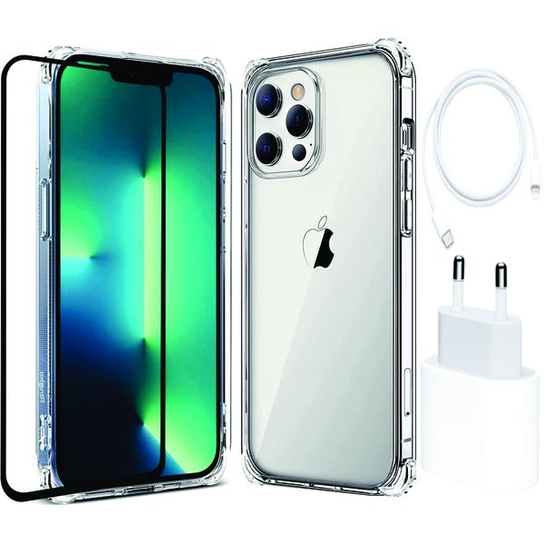 Clear Pouch Gel Case 9D Tempered Glass &amp; 25W PD Fast Charger iPhone 13 PRO