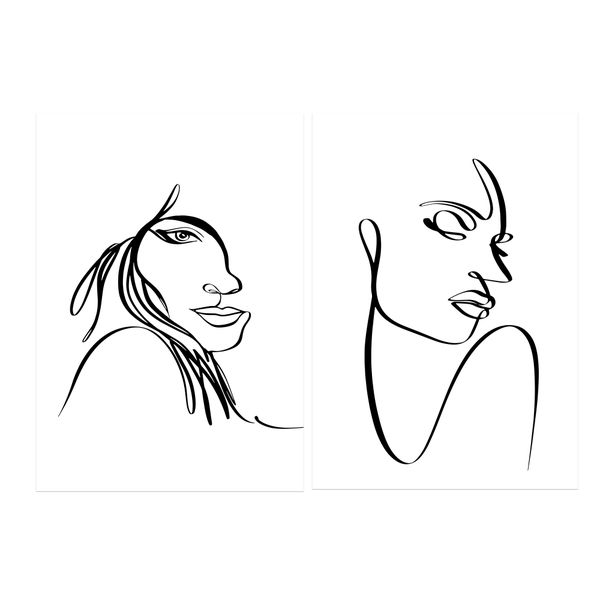Line Art Wall Decor Prints of Ladies Faces, A3 Unframed