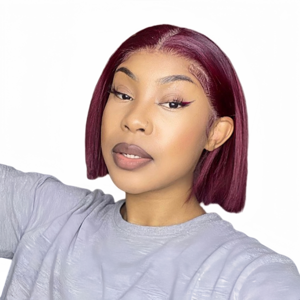 Luvée 8 inch 99J Maroon Straight Short Bob Wig - Human Hair 13x4 Lace Front