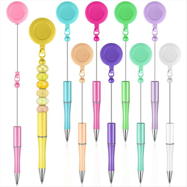 10 Pcs Beadable Pens Black Ink Bead Pens DIY Pens Retractable Badge Reel Pe