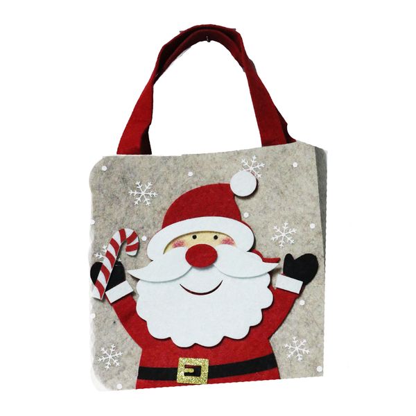 Beige Felt Christmas Basket with Santa - 180x80x180mm, Red Carry Handles