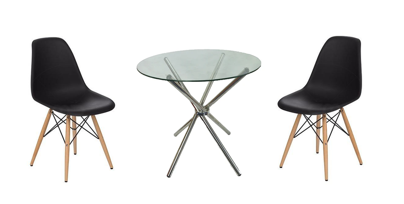 3 Piece 80cm Glass Table and Wooden Leg Chairs