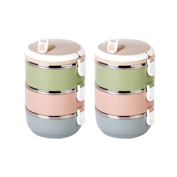 3 Layer Round Stainless Steel Thermal Insulated Lunch Box - Pack Of 2