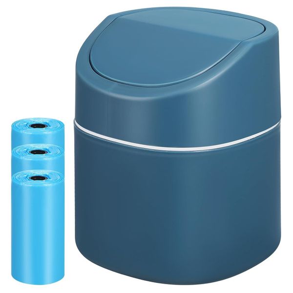 Mini Desktop Trash Can With Lid, Small Blue Countertop Waste Bin For Home