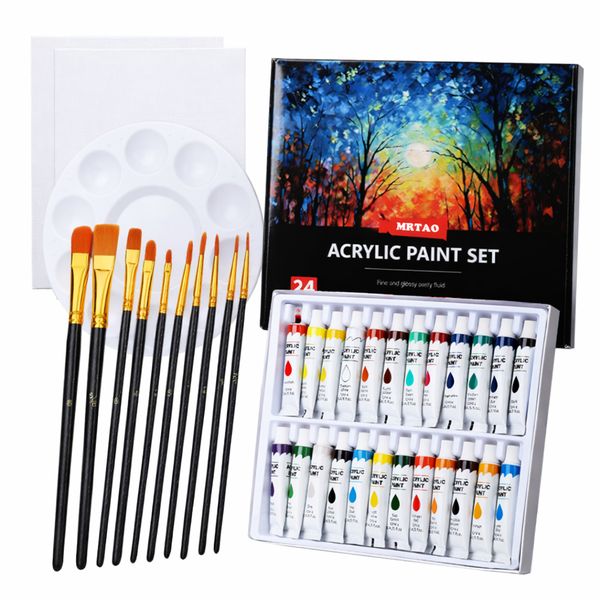 24 Color Acrylic Paint Set 12ml with 10 Brushes &amp; Palette Rich Pigments