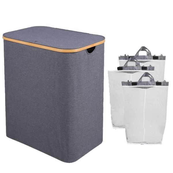 140L Grey Laundry Hamper Clothes Basket Including 3 Mesh Wash Bags