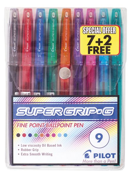 Pilot BPS-GG Supergrip G Fine Ballpoint Pen - Wallet of 9 Assorted Colours