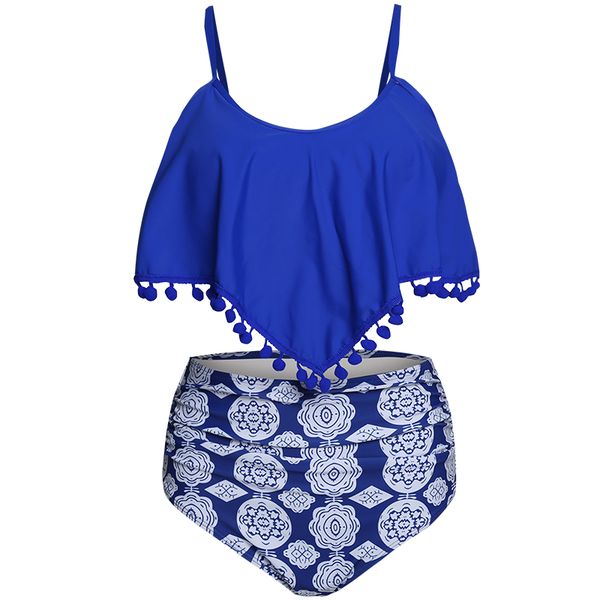 Olive Tree - Ladies Ruffled Pom Pom High Waist Swimsuit - Blue