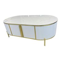 Smte - Oval Two-Tier Marble Look and Glass Coffee Table - White