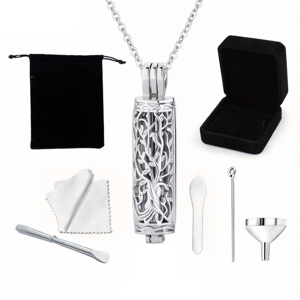 Tree of Life Urn Necklace - Stainless Steel Cylindrical Pendant