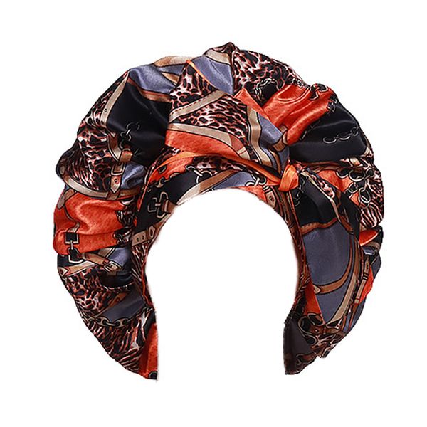 Double-Layered Bow Print Satin Bonnet - Orange &amp; Black