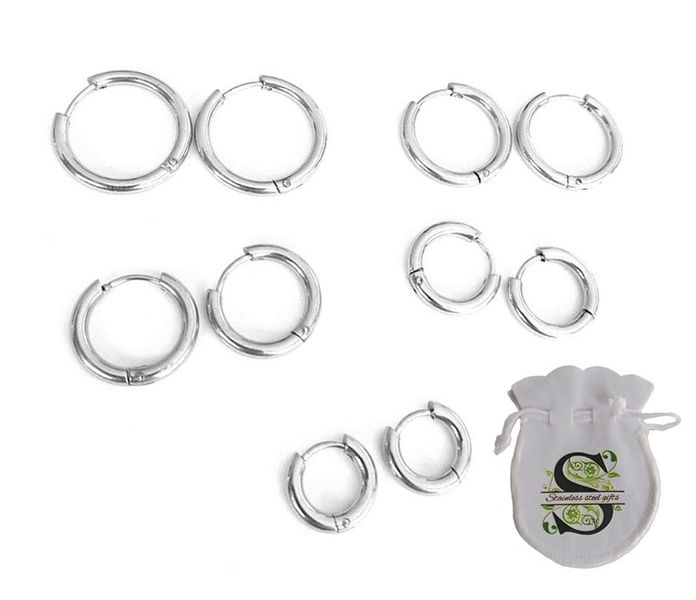 5 Pairs Silver Stainless Steel Hoop - Hinged Sleeper Earrings