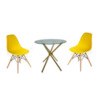 3 Piece 80cm Gold Leg Glass Table and Wooden Leg Chairs