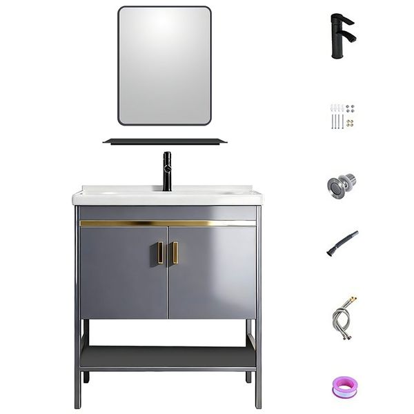 Freestanding Bathroom Vanity with Mirror, Ceramic Basin &amp; Wood Cabinet4