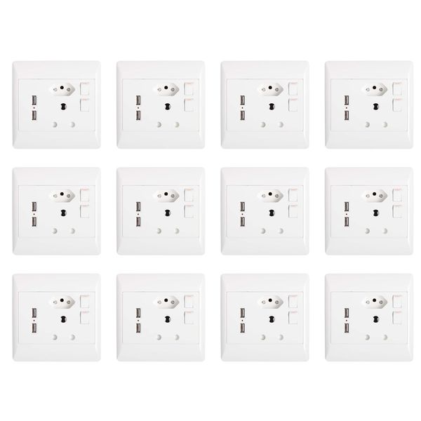 Set Of 12 Double Wall Sockets 1 x 3 &amp; 1 x 2 Point With 2 USB ports - White