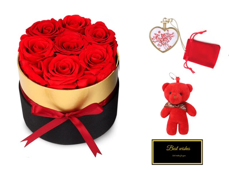 7 Real Red Preserved Roses Gift Box Valentine day Wedding