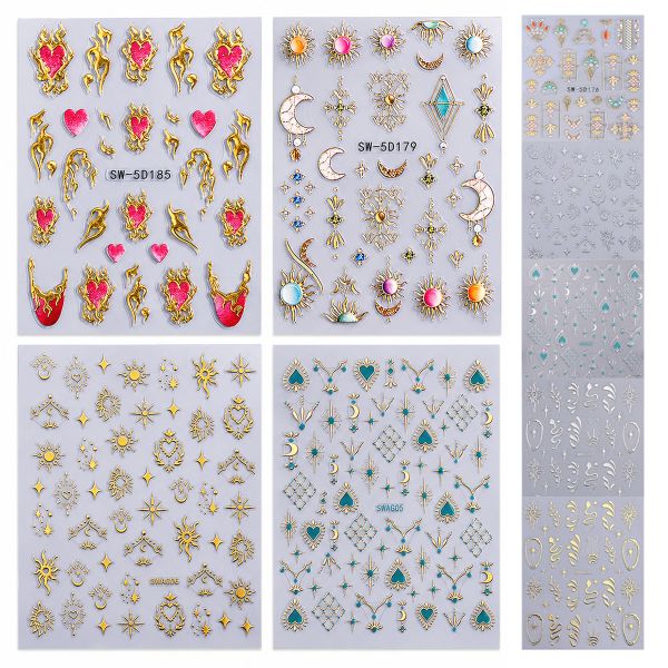 QYNIAL 9Sheet Nail Stickers Sun Moon Star 3D Nail Art Set Bohemian Home DIY