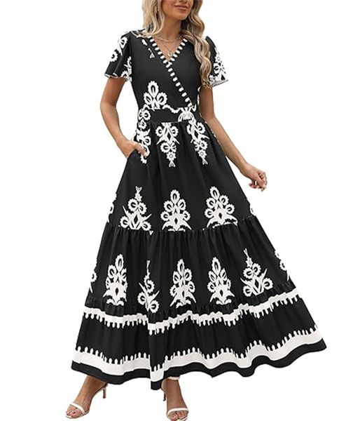 Women's Summer V-neck Bohemian Floral Dress - Black