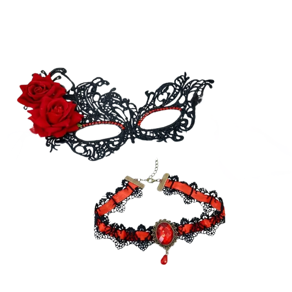 Women's Fancy Masquerade Mask and Ruby Stone Choker Set