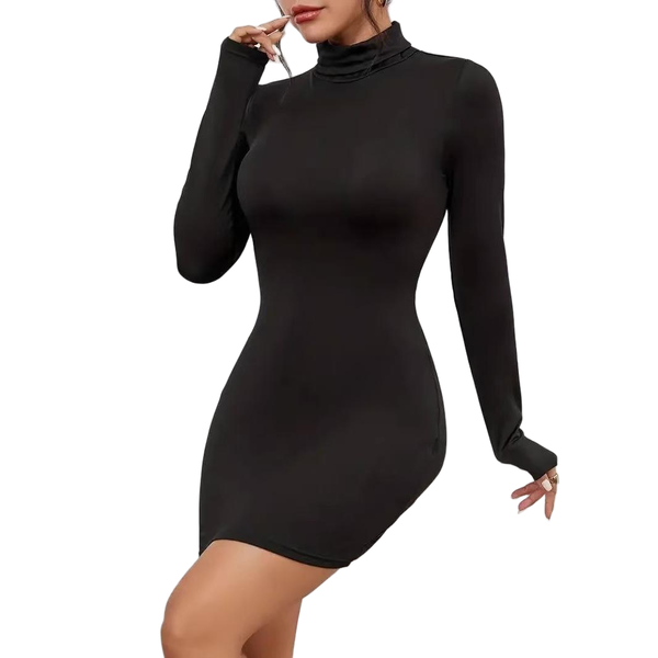 Tight black brushed high collar slim minimalist long sleeve dress