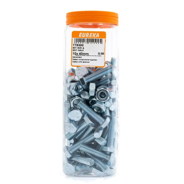 EUREKA Set Screw &amp; Nut Galvanised 10 x 40mm Q:50 T7B300