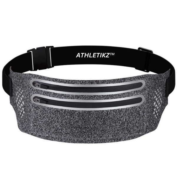 Athletikz Running Waist Pack/Belt - Waterproof Dual Zip Lycra Pouch - Grey