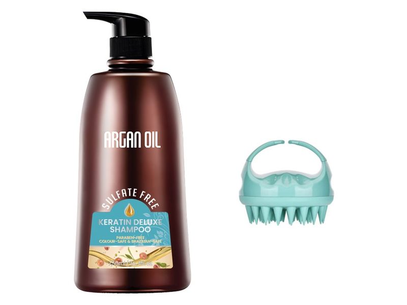 Argan Oil Keratin Deluxe Shampoo 750ml - Sulfate-Free and Silicone Brush