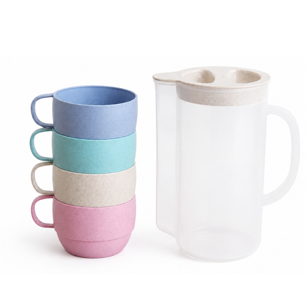Bestby - 5Piece 2-in-1 Clear Water Pitcher and Wheat Straw Cups Drinkware
