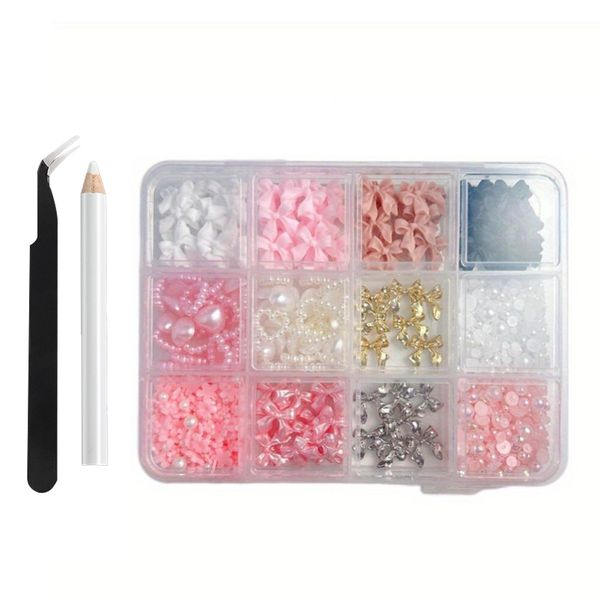 12-Grid Nail Art Decor Kit - Bows, Pearls &amp; Tools for DIY Manicure