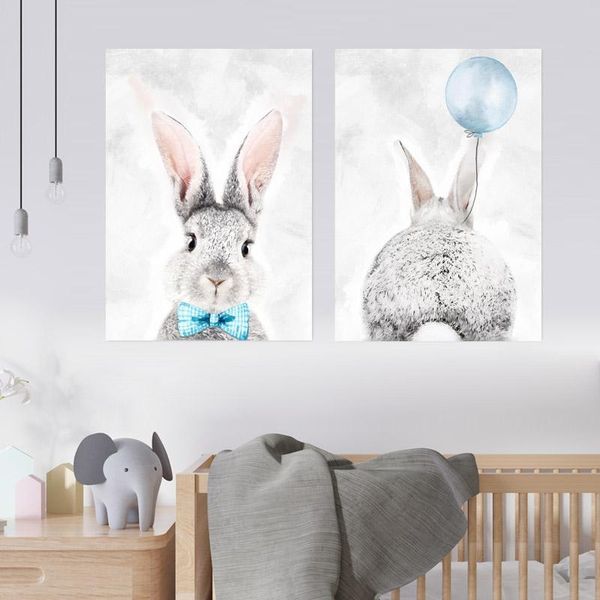 Grey &amp; Blue Bunny - A3 - Canvas -Set Of 2