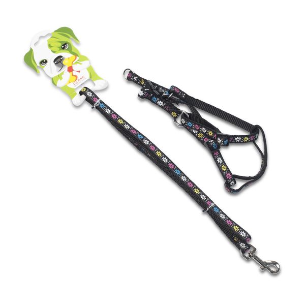 LVLong - Pet Accessories - Leash &amp; Harness Set - Black - Floral Print