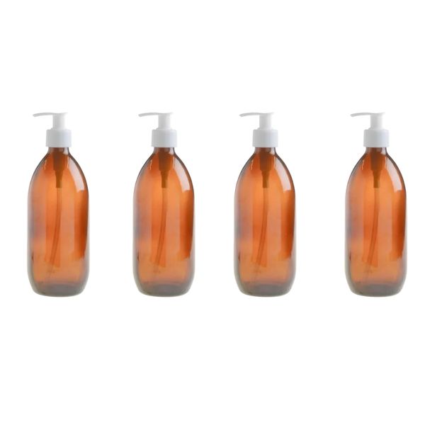 4 Pack 500ml Amber Bottles with White Lotion Pump