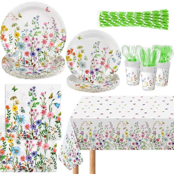 Spring Wildflower Plates and Napkins Tableware Set Serves 16 Guests