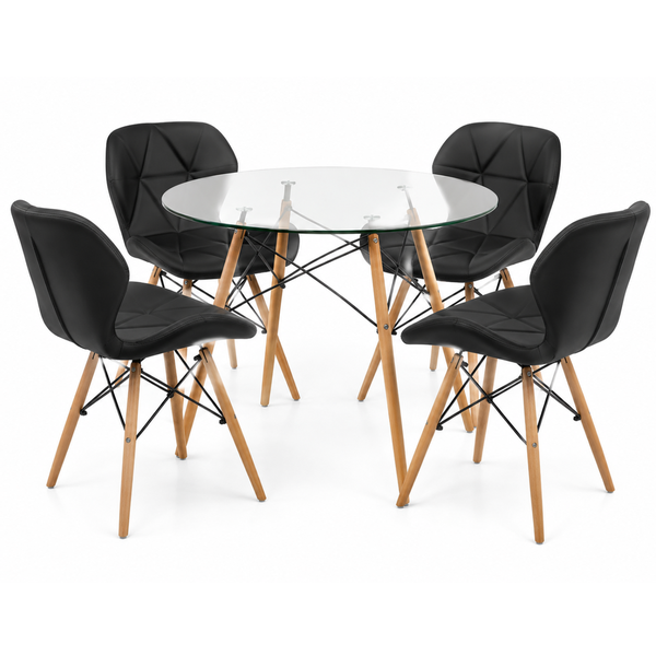 Modern 4-Seater Glass Dining Set with Black Quilted Chairs