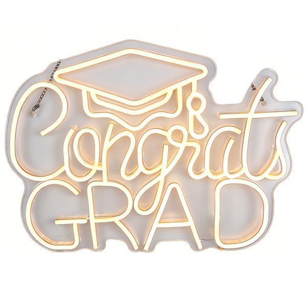 Congrats Grad LED Neon Light, Graduation Party Decor, Warm White Grad Sign