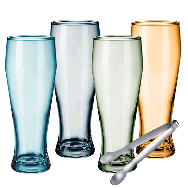 Colorful Stylish and Crystal Highball Beer Glass with ice cube tongs - 5 Piece