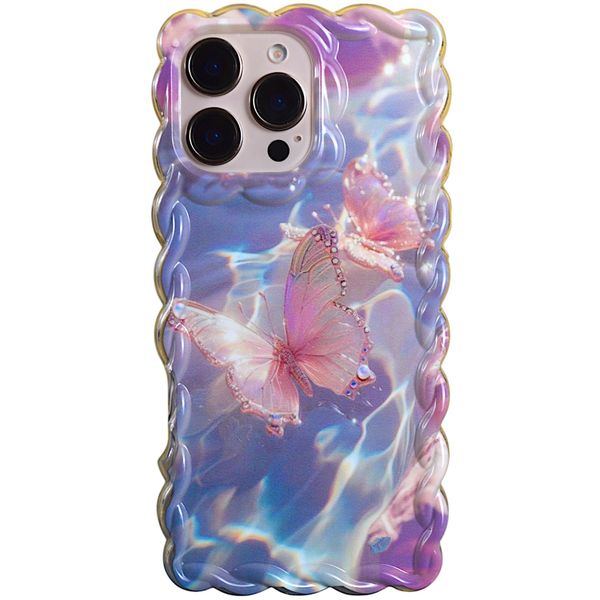 Phone Case with Pleated Edge &amp; Soft Print Compatible with Iphone 16 Pro Max - Pink &amp; Blue
